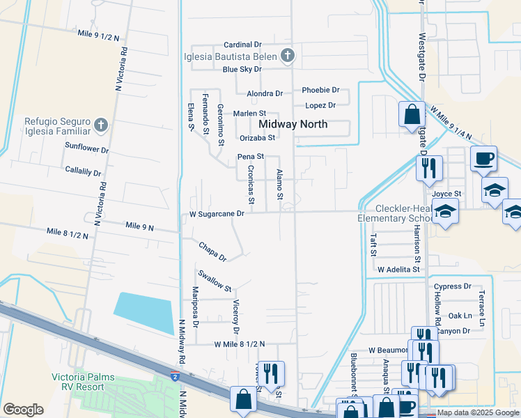 map of restaurants, bars, coffee shops, grocery stores, and more near 2501 Bustamante Street in Weslaco