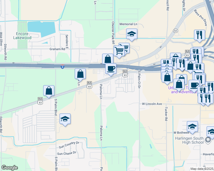 map of restaurants, bars, coffee shops, grocery stores, and more near 3567 U.S. 83 Business in Harlingen