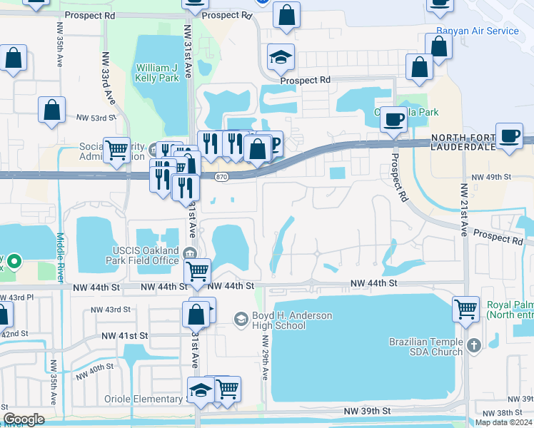 map of restaurants, bars, coffee shops, grocery stores, and more near 2960 Oak Tree Drive in Fort Lauderdale