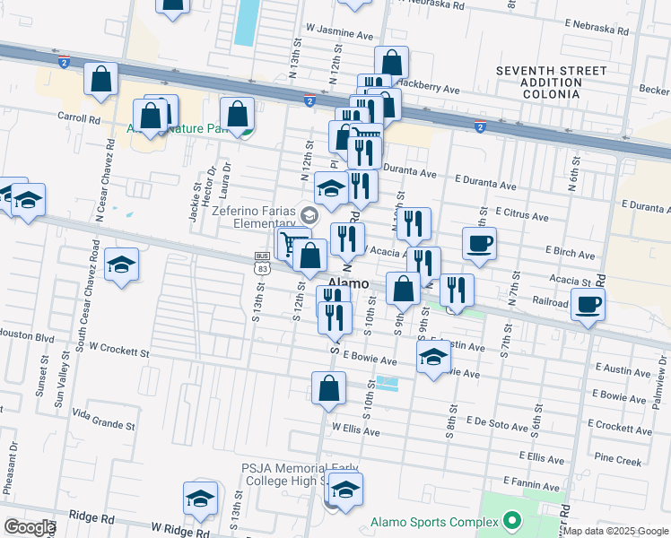 map of restaurants, bars, coffee shops, grocery stores, and more near 108 North Alamo Road in Alamo