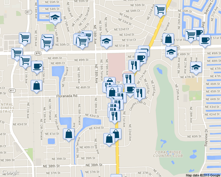 map of restaurants, bars, coffee shops, grocery stores, and more near 1841 Northeast 45th Street in Fort Lauderdale