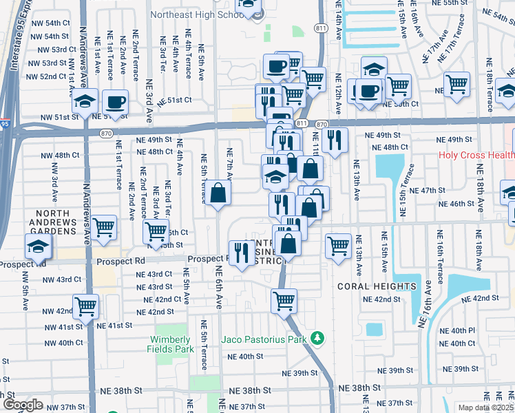 map of restaurants, bars, coffee shops, grocery stores, and more near 805 Northeast 45th Street in Oakland Park