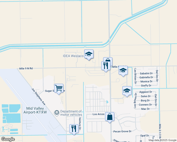 map of restaurants, bars, coffee shops, grocery stores, and more near 2804 Rosemary Drive in Weslaco
