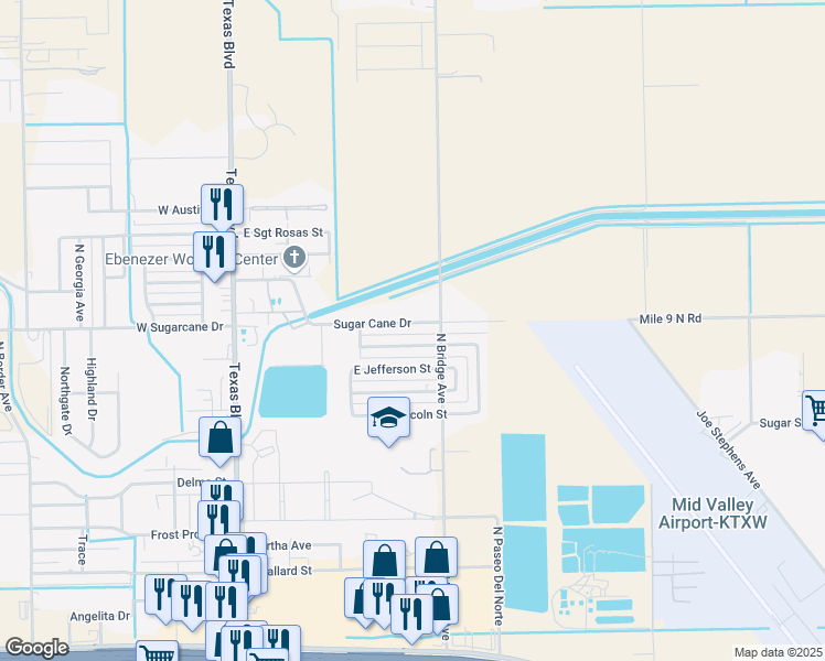 map of restaurants, bars, coffee shops, grocery stores, and more near 715 East Washington Street in Weslaco