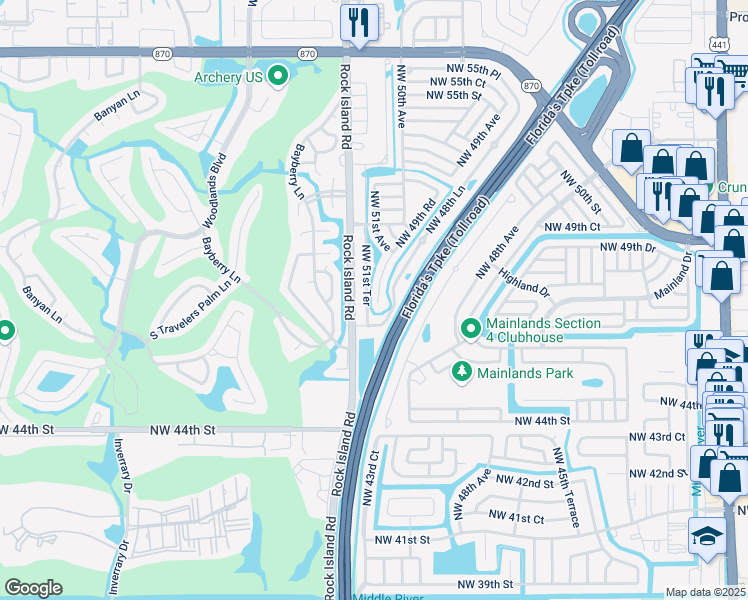 map of restaurants, bars, coffee shops, grocery stores, and more near 4795 Northwest 49th Road in Tamarac
