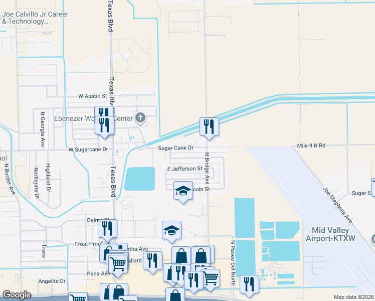 map of restaurants, bars, coffee shops, grocery stores, and more near 715 East Washington Street in Weslaco