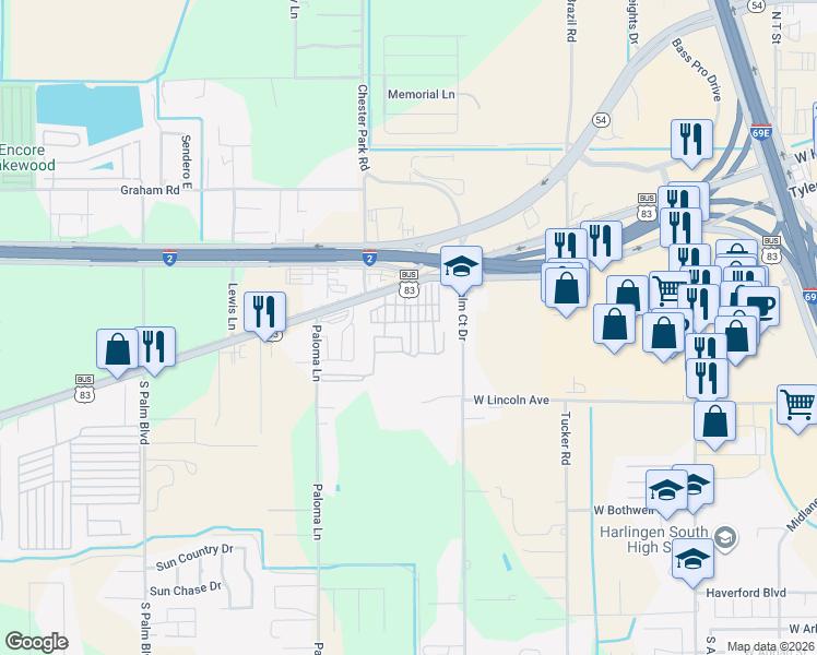 map of restaurants, bars, coffee shops, grocery stores, and more near 8-14 Palm Circle Drive in Harlingen