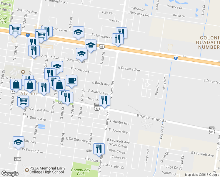 map of restaurants, bars, coffee shops, grocery stores, and more near 213 North Tower Road in Alamo