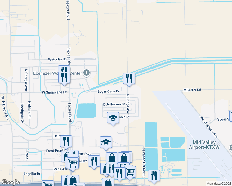 map of restaurants, bars, coffee shops, grocery stores, and more near 712 East Sugarcane Drive in Weslaco