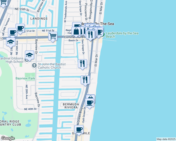 map of restaurants, bars, coffee shops, grocery stores, and more near 4050 Florida A1A in Lauderdale-by-the-Sea