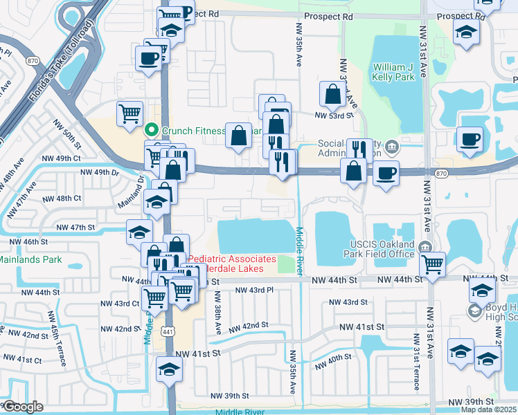 map of restaurants, bars, coffee shops, grocery stores, and more near 3634 South Pacific Coast Circle in Lauderdale Lakes