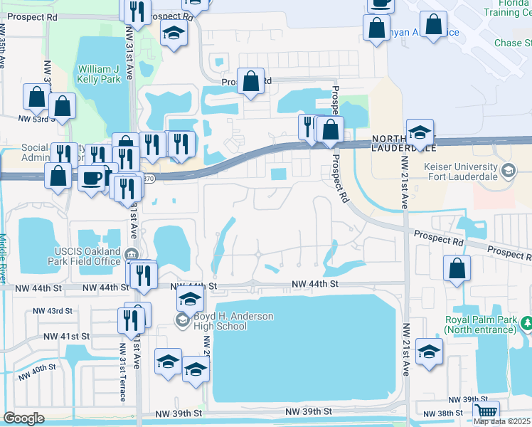 map of restaurants, bars, coffee shops, grocery stores, and more near 2740 Oak Tree Lane in Oakland Park