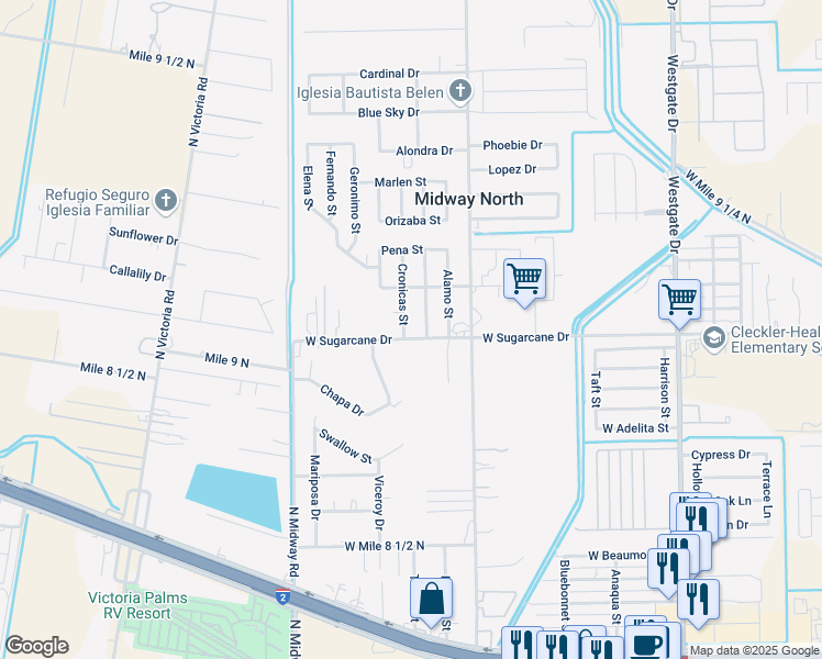 map of restaurants, bars, coffee shops, grocery stores, and more near 2501 Bustamante Street in Weslaco