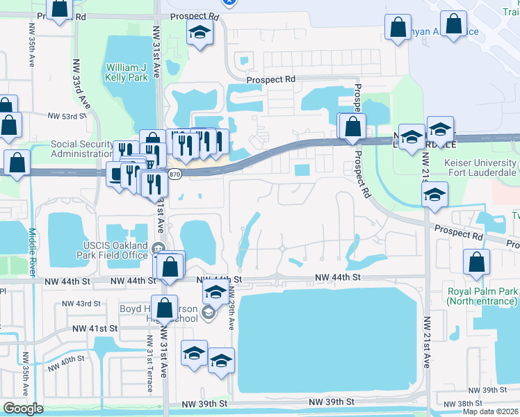 map of restaurants, bars, coffee shops, grocery stores, and more near 2850 Oak Tree Court in Fort Lauderdale