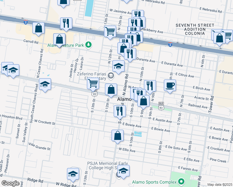 map of restaurants, bars, coffee shops, grocery stores, and more near 108 North Alamo Road in Alamo