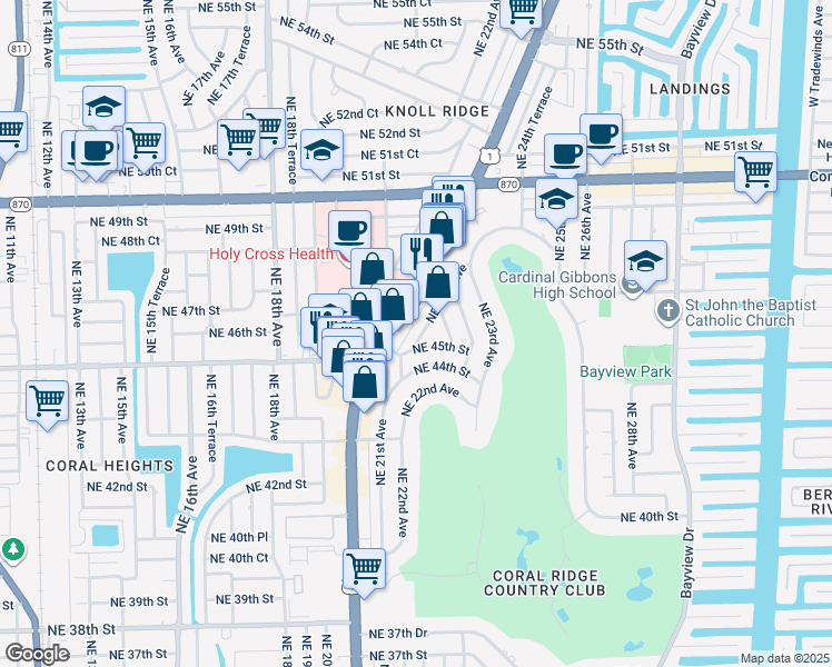 map of restaurants, bars, coffee shops, grocery stores, and more near 4501 Northeast 21st Avenue in Fort Lauderdale