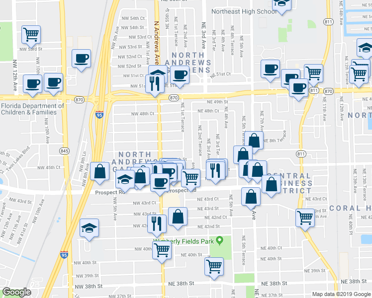 map of restaurants, bars, coffee shops, grocery stores, and more near 130 Northeast 46th Court in Fort Lauderdale