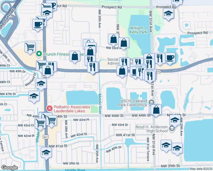 map of restaurants, bars, coffee shops, grocery stores, and more near 3441 Northwest 44th Street in Fort Lauderdale