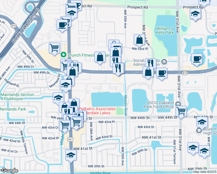 map of restaurants, bars, coffee shops, grocery stores, and more near 3634 South Pacific Coast Circle in Lauderdale Lakes