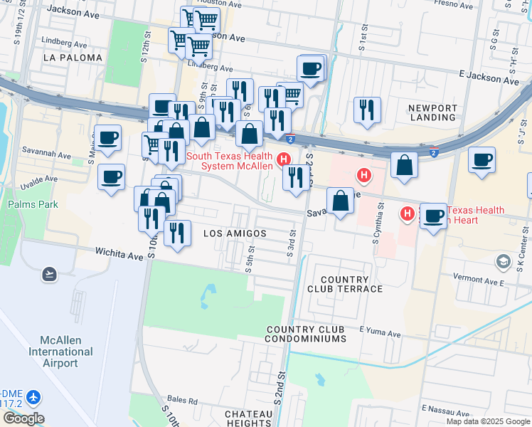 map of restaurants, bars, coffee shops, grocery stores, and more near 401 Toronto Avenue in McAllen