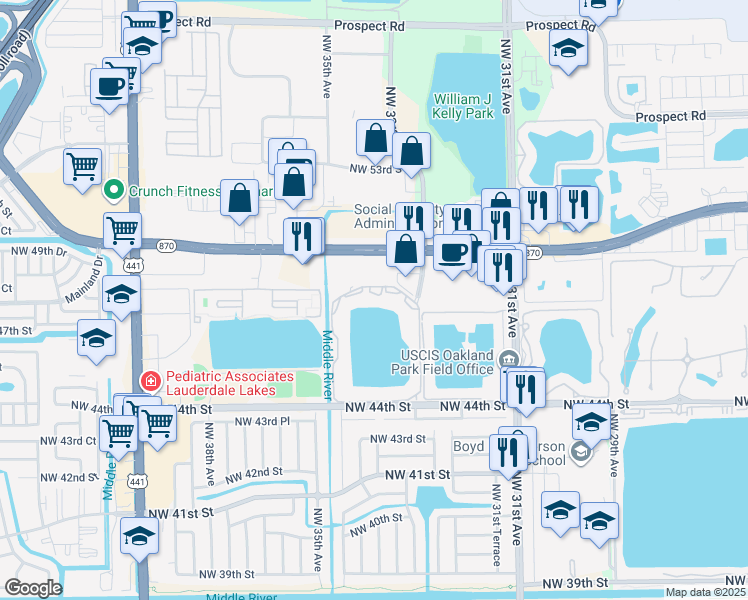 map of restaurants, bars, coffee shops, grocery stores, and more near 3445 Northwest 44th Street in Fort Lauderdale