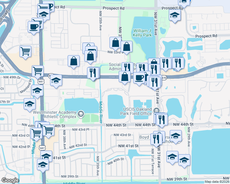 map of restaurants, bars, coffee shops, grocery stores, and more near 3445 Northwest 44th Street in Fort Lauderdale