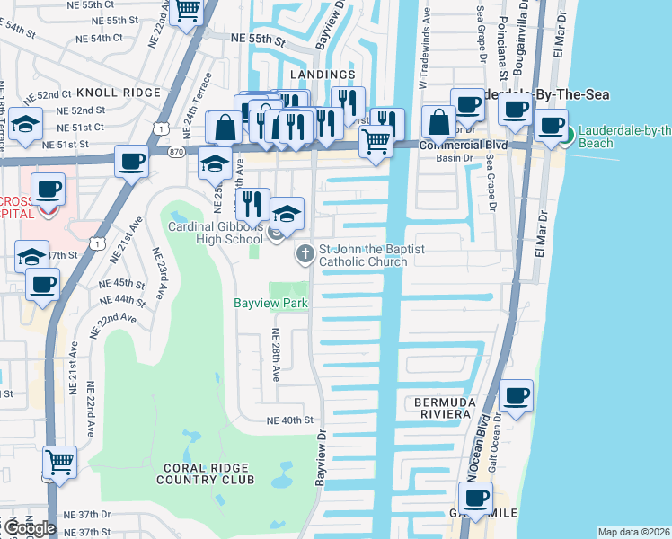 map of restaurants, bars, coffee shops, grocery stores, and more near 3031 Northeast 45th Street in Fort Lauderdale