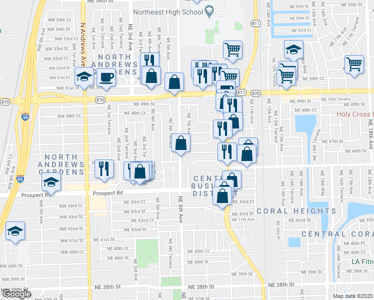 map of restaurants, bars, coffee shops, grocery stores, and more near 4621 Northeast 6th Avenue in Fort Lauderdale