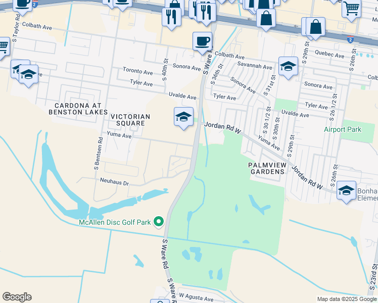 map of restaurants, bars, coffee shops, grocery stores, and more near 2701 Parker Lane in McAllen