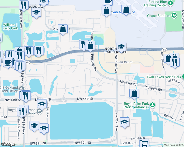 map of restaurants, bars, coffee shops, grocery stores, and more near 2325 Rollingwood Court in Oakland Park