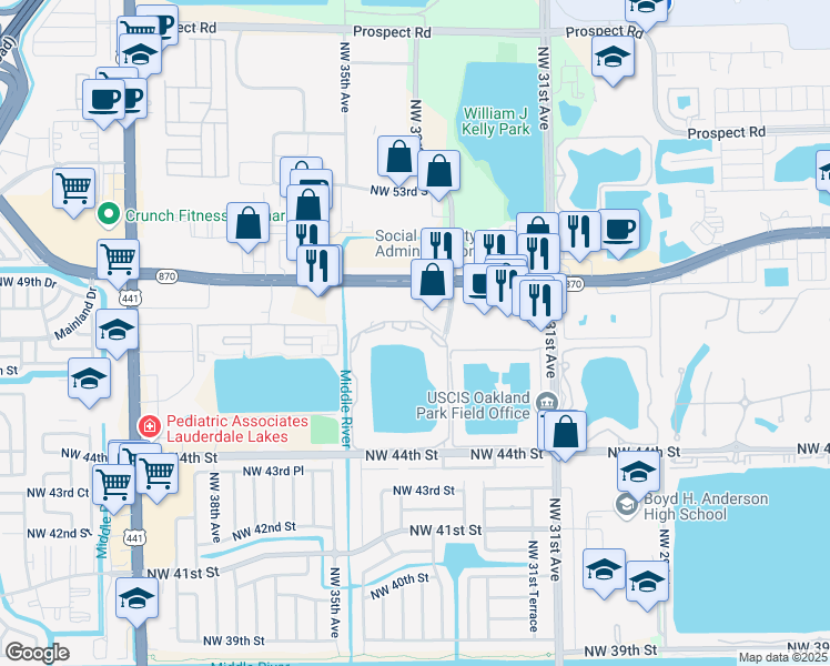 map of restaurants, bars, coffee shops, grocery stores, and more near 3445 Northwest 44th Street in Fort Lauderdale