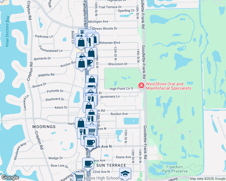 map of restaurants, bars, coffee shops, grocery stores, and more near 1112 Ridge Street in Naples