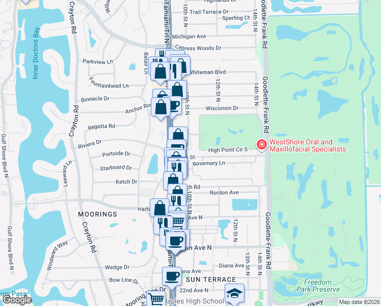 map of restaurants, bars, coffee shops, grocery stores, and more near 1012 Ridge Street in Naples