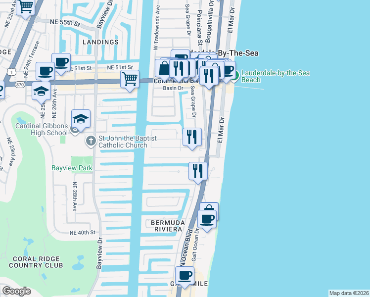 map of restaurants, bars, coffee shops, grocery stores, and more near 223 Imperial Lane in Lauderdale-by-the-Sea