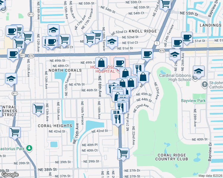 map of restaurants, bars, coffee shops, grocery stores, and more near 1841 Northeast 45th Street in Fort Lauderdale