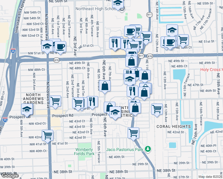 map of restaurants, bars, coffee shops, grocery stores, and more near 670 Northeast 46th Court in Oakland Park