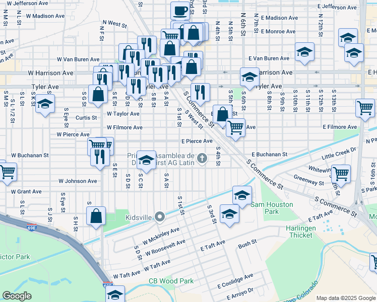 map of restaurants, bars, coffee shops, grocery stores, and more near 114 East Buchanan Street in Harlingen