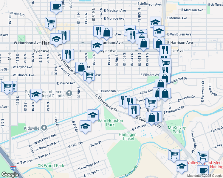 map of restaurants, bars, coffee shops, grocery stores, and more near 806 E Buchanan St in Harlingen