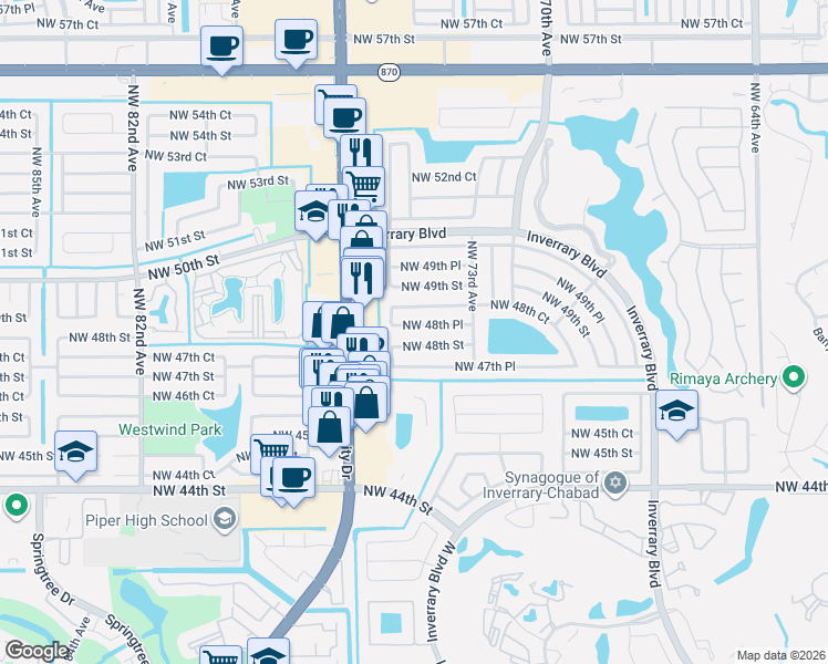 map of restaurants, bars, coffee shops, grocery stores, and more near 7454 Northwest 48th Place in Lauderhill