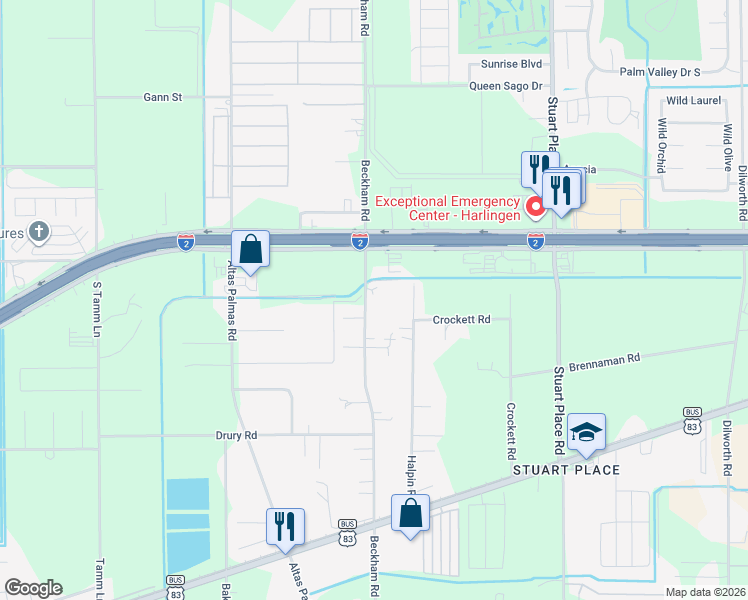 map of restaurants, bars, coffee shops, grocery stores, and more near 25795 Beckham Road in Harlingen