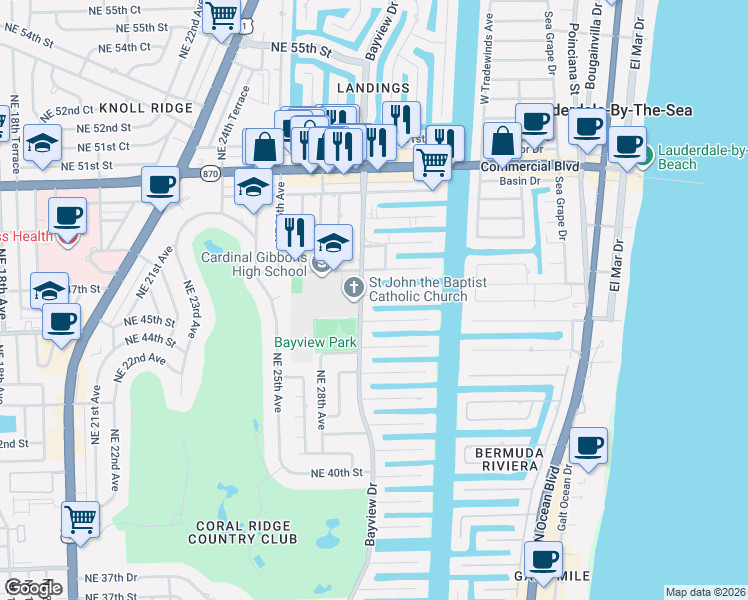 map of restaurants, bars, coffee shops, grocery stores, and more near 3031 Northeast 45th Street in Fort Lauderdale