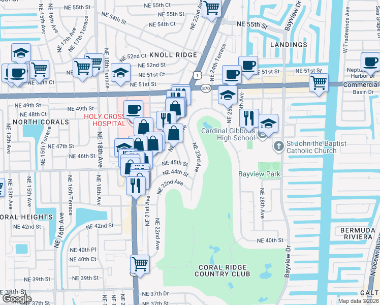 map of restaurants, bars, coffee shops, grocery stores, and more near 4505 Northeast 22nd Road in Fort Lauderdale