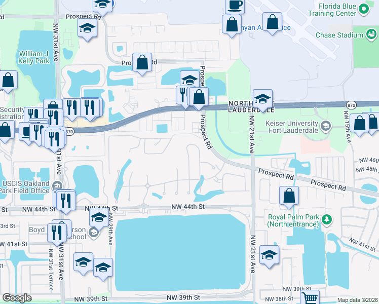 map of restaurants, bars, coffee shops, grocery stores, and more near 2400 Oaktree Ave in Oakland Park