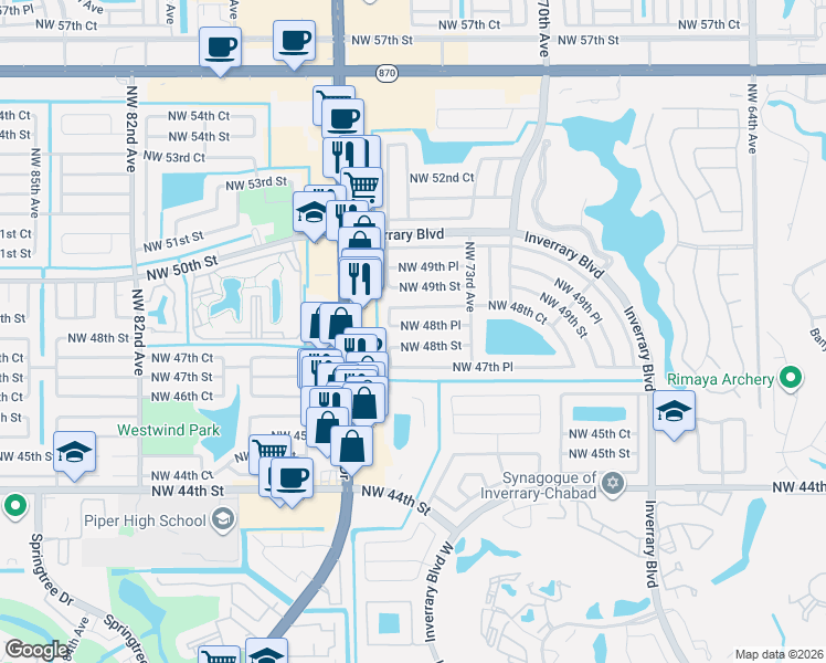 map of restaurants, bars, coffee shops, grocery stores, and more near 7408 Northwest 48th Street in Lauderhill