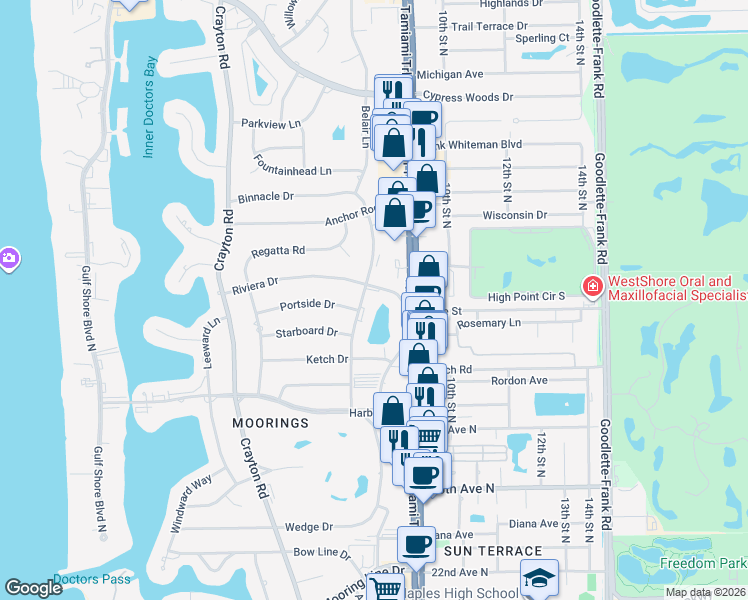 map of restaurants, bars, coffee shops, grocery stores, and more near 3055 Riviera Drive in Naples