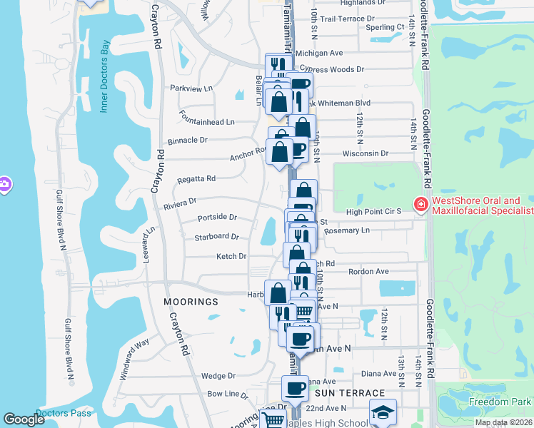 map of restaurants, bars, coffee shops, grocery stores, and more near 3055 Riviera Drive in Naples
