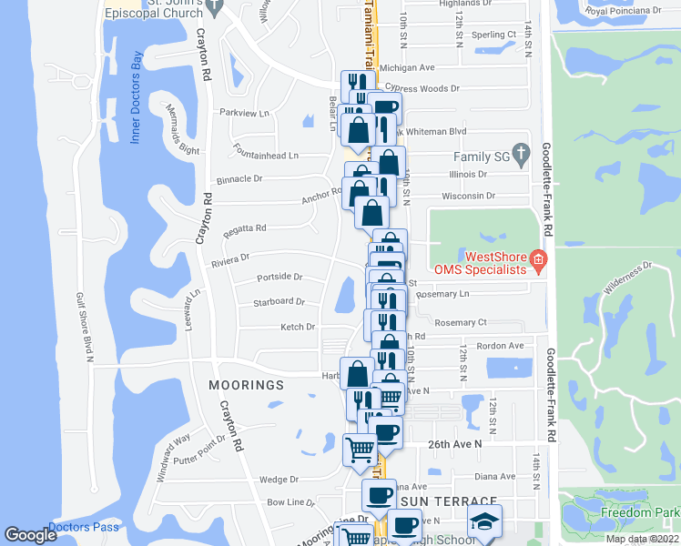 map of restaurants, bars, coffee shops, grocery stores, and more near 3055 Riviera Drive in Naples
