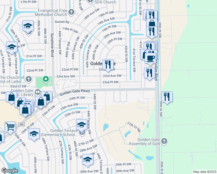 map of restaurants, bars, coffee shops, grocery stores, and more near 2401 43rd Street Southwest in Naples