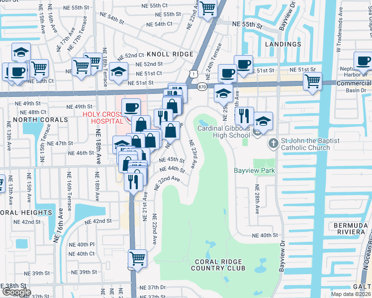 map of restaurants, bars, coffee shops, grocery stores, and more near 4505 Northeast 22nd Road in Fort Lauderdale