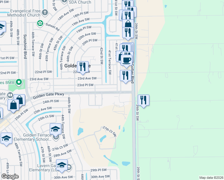 map of restaurants, bars, coffee shops, grocery stores, and more near 4125 Golden Gate Parkway in Naples